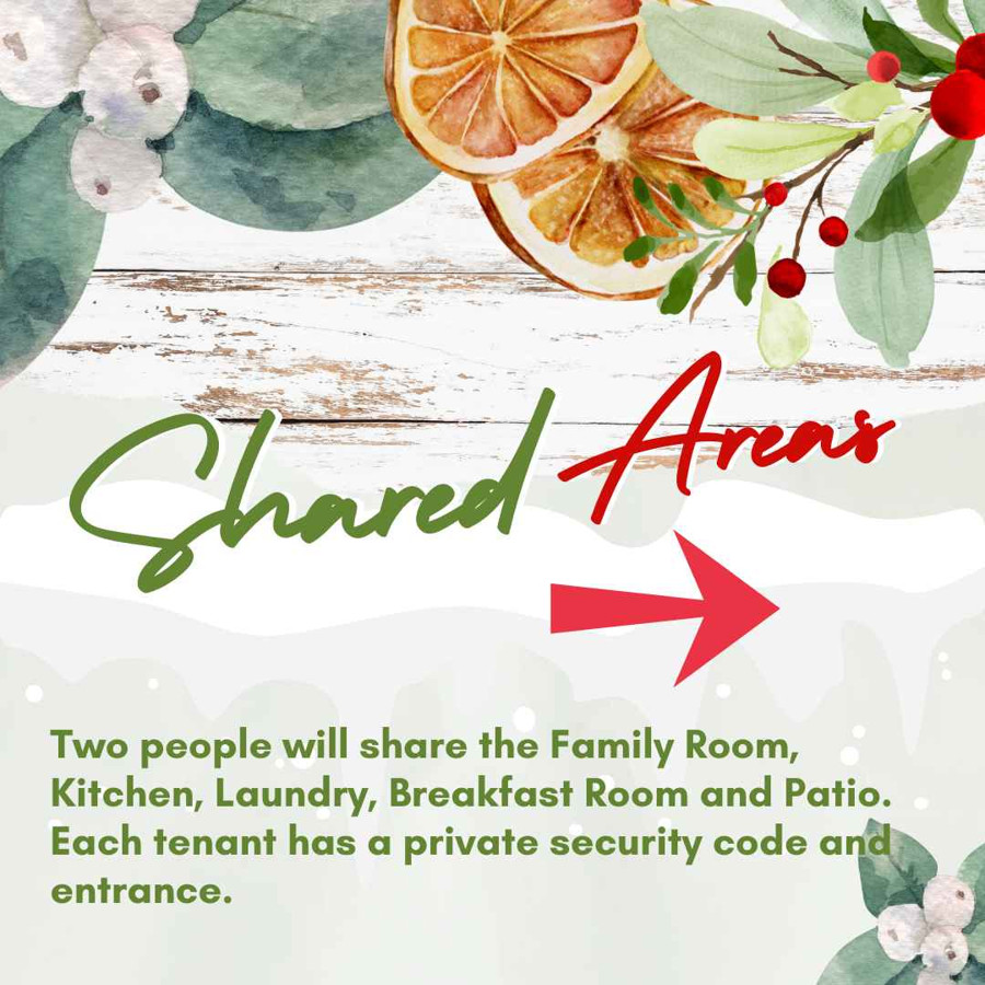 Shared areas include the family room, kitchen, laundry, breakfast room and patio, with a private security code and entrance for each tenant