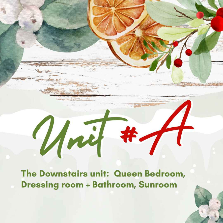 Downstairs suite details including queen bedroom, dressing room, bathroom and sunroom